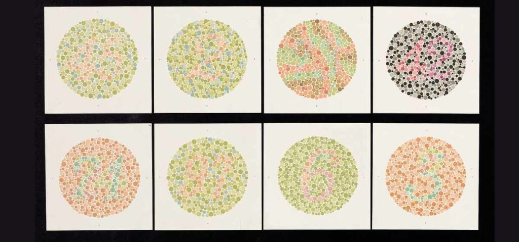 tes buta warna, Ishihara test adalah test paling umum untuk mengetahui seseorang mengalami buta warna. Test ini berisi beberapa gambar berupa titik-titik yang berisi pola angka. 